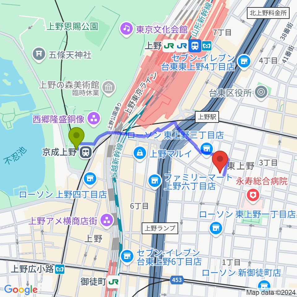 京成上野駅から上野エブリィスイングへのルートマップ地図