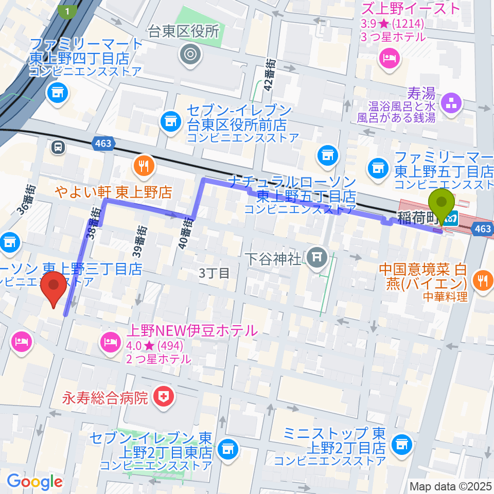 上野エブリィスイングの最寄駅稲荷町駅からの徒歩ルート（約6分）地図