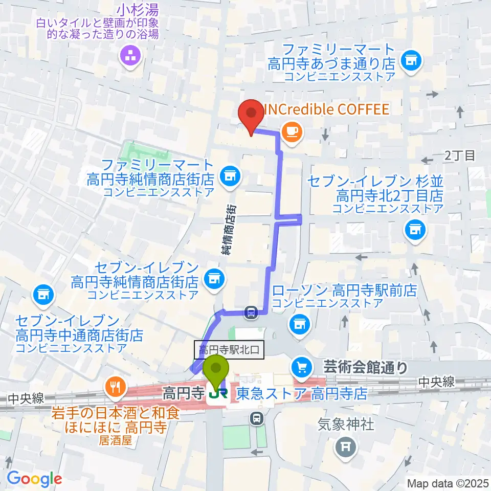 高円寺ムーンストンプの最寄駅高円寺駅からの徒歩ルート（約4分）地図