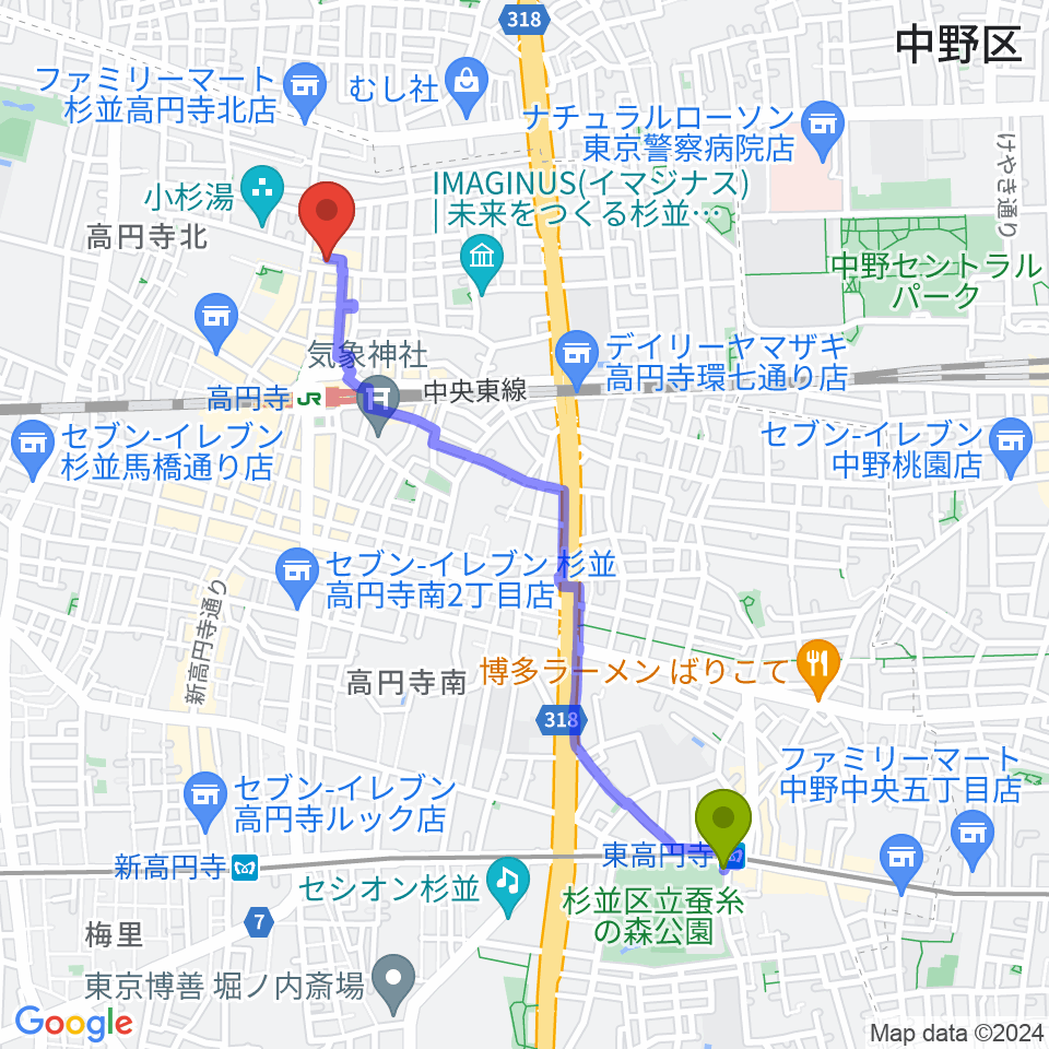 東高円寺駅から高円寺ムーンストンプへのルートマップ地図