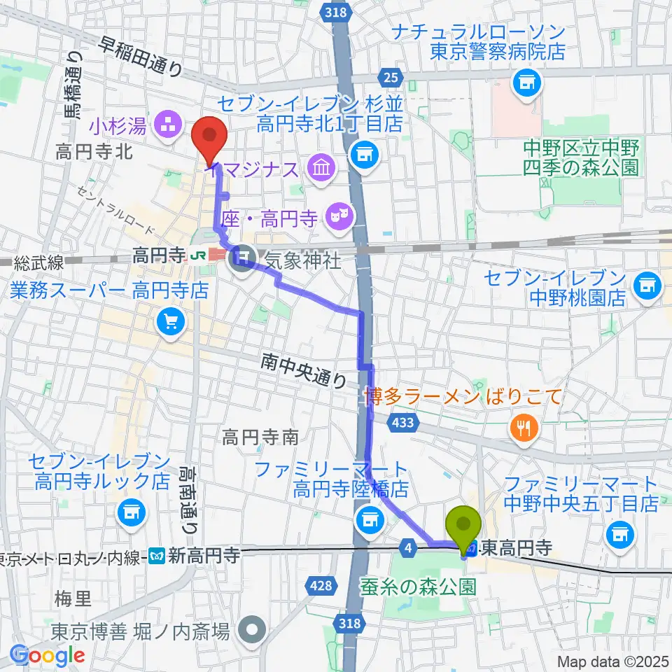 東高円寺駅から高円寺ムーンストンプへのルートマップ地図