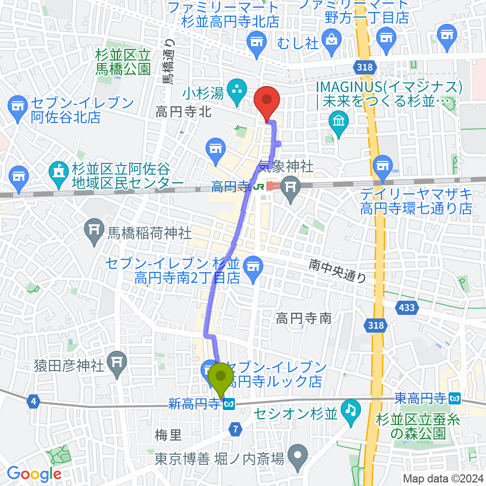 新高円寺駅から高円寺ムーンストンプへのルートマップ地図
