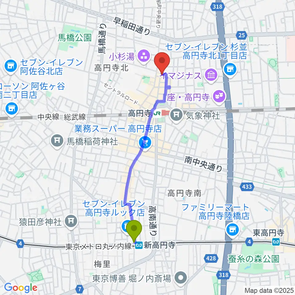 新高円寺駅から高円寺ムーンストンプへのルートマップ地図