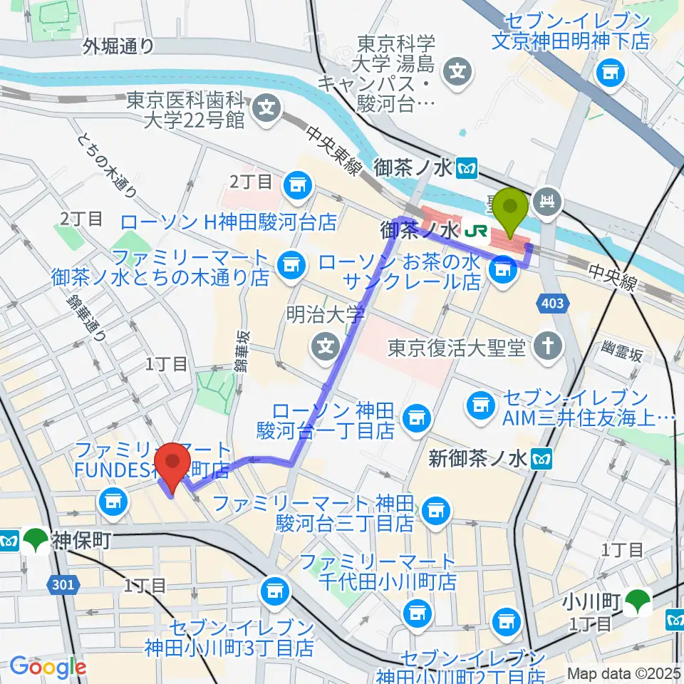 御茶ノ水駅からアディロンダックカフェへのルートマップ地図