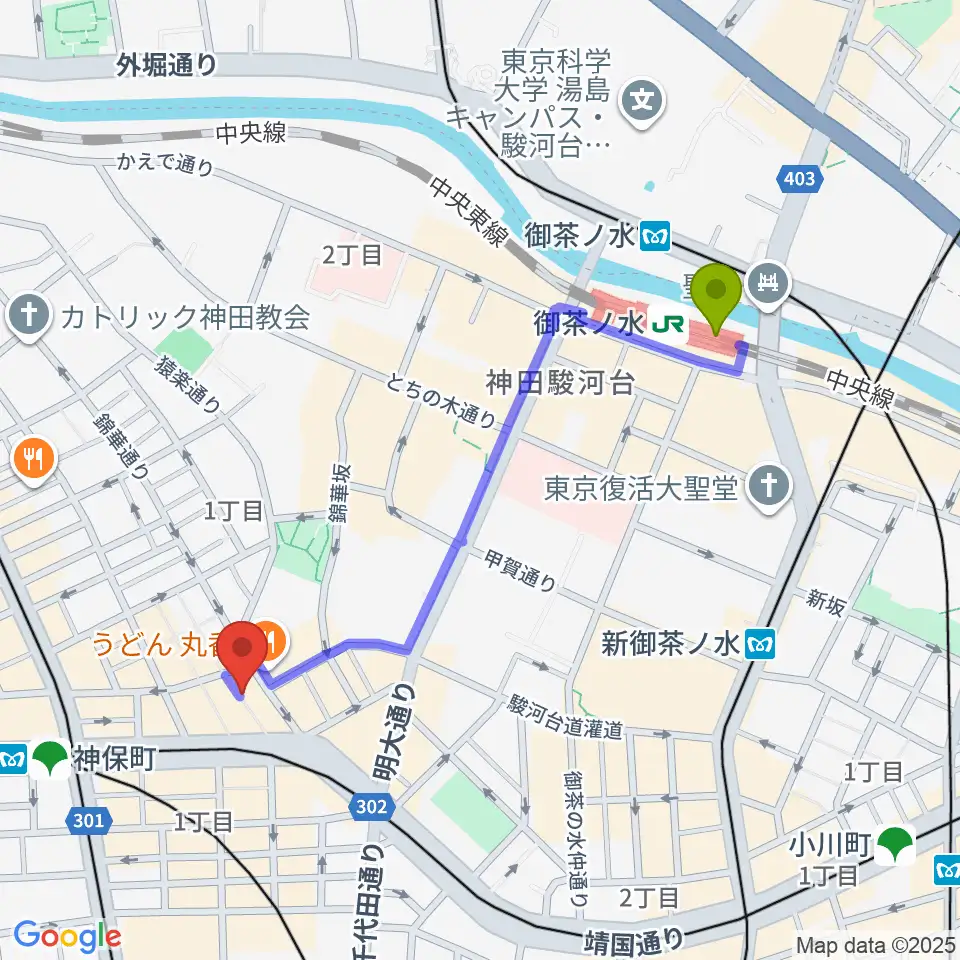 御茶ノ水駅からアディロンダックカフェへのルートマップ地図