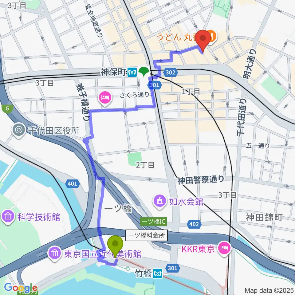 竹橋駅からアディロンダックカフェへのルートマップ地図