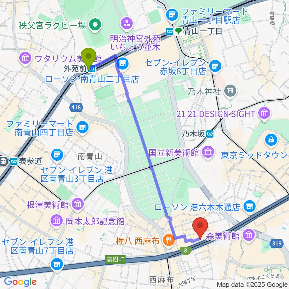 外苑前駅から西麻布 新世界へのルートマップ地図