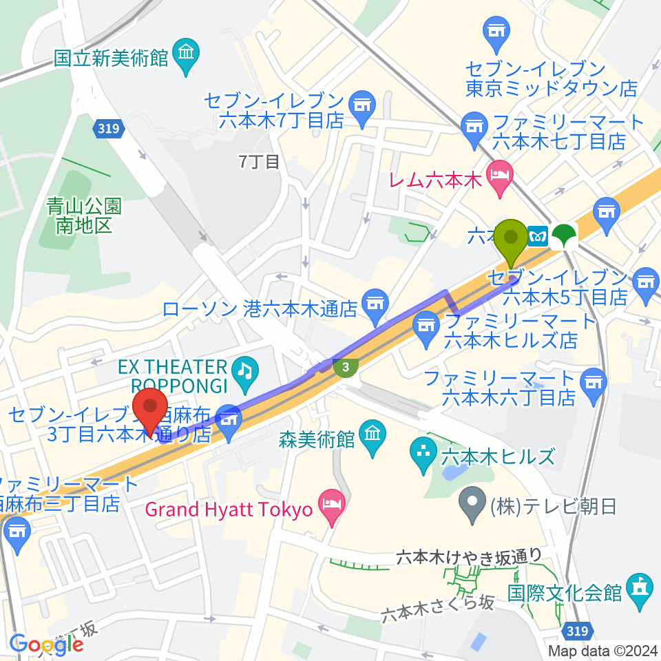 西麻布 新世界の最寄駅六本木駅からの徒歩ルート（約9分）地図