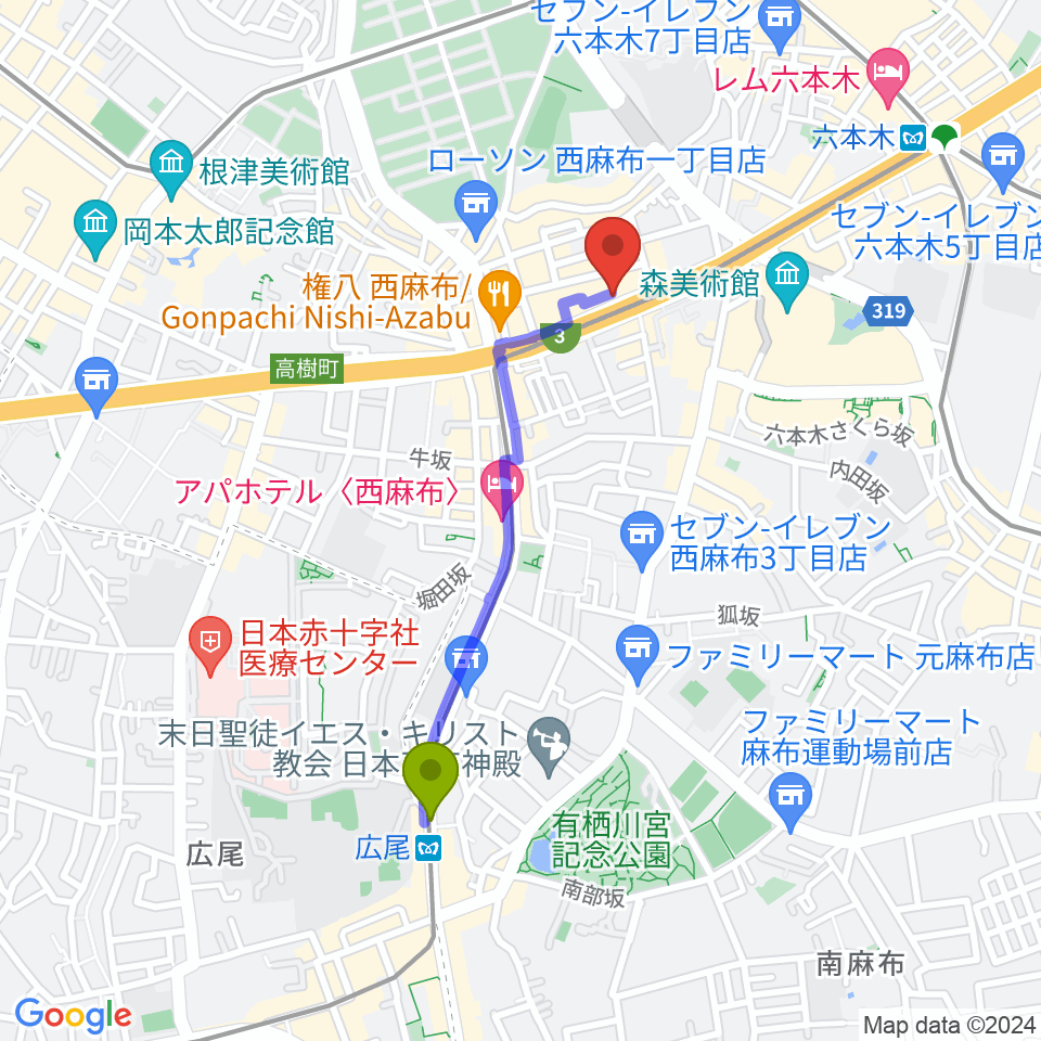 広尾駅から西麻布 新世界へのルートマップ地図