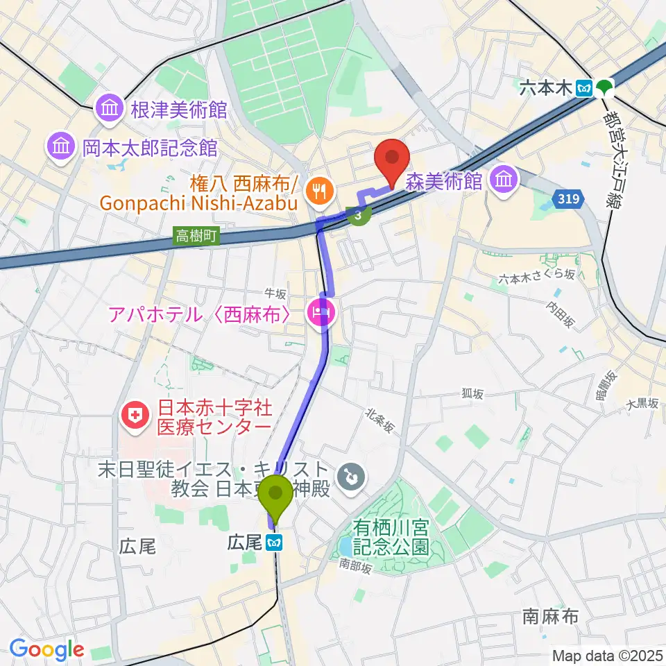 広尾駅から西麻布 新世界へのルートマップ地図