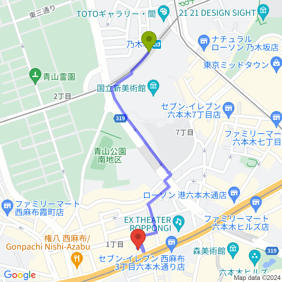 乃木坂駅から西麻布 新世界へのルートマップ地図