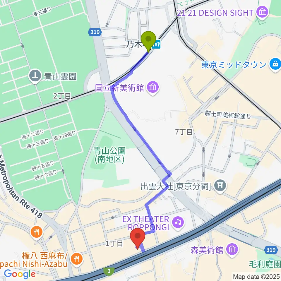 乃木坂駅から西麻布 新世界へのルートマップ地図