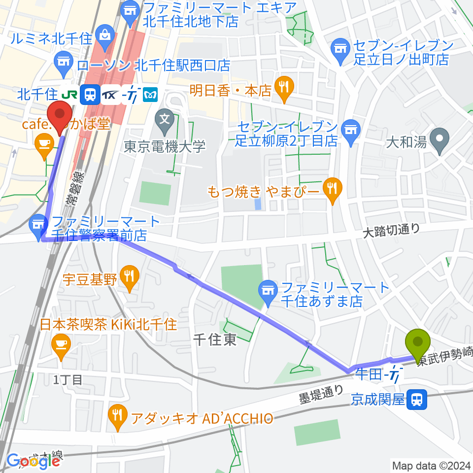 牛田駅から北千住ランチェリーへのルートマップ地図