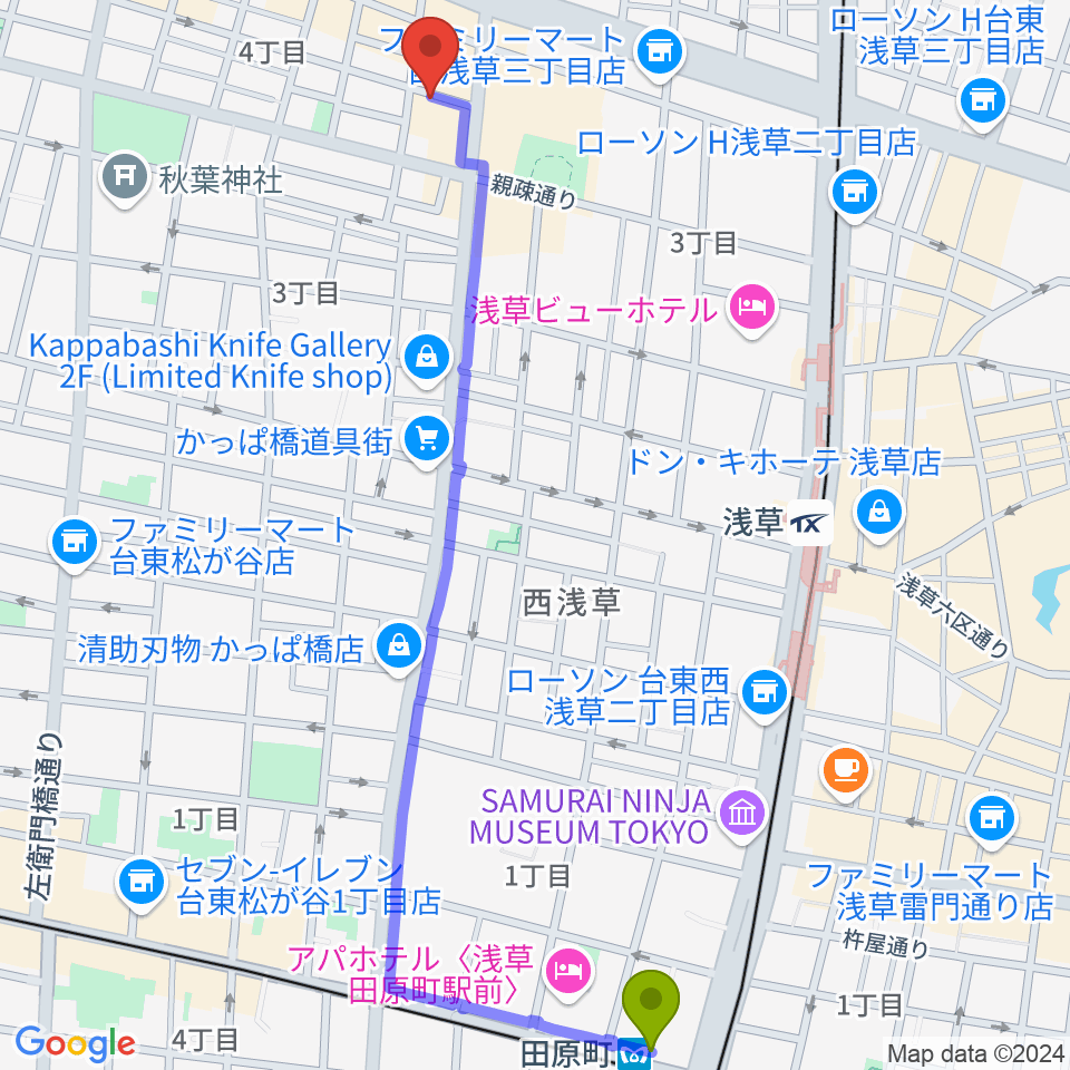 田原町駅から入谷なってるハウスへのルートマップ地図