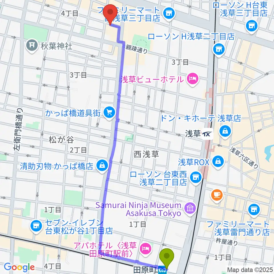 田原町駅から入谷なってるハウスへのルートマップ地図