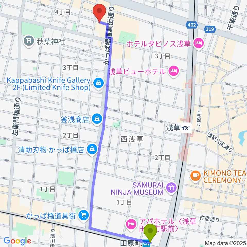 田原町駅から入谷なってるハウスへのルートマップ地図