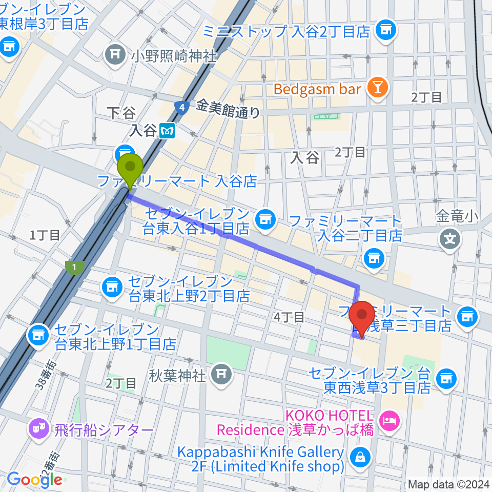 入谷駅から入谷なってるハウスへのルートマップ地図