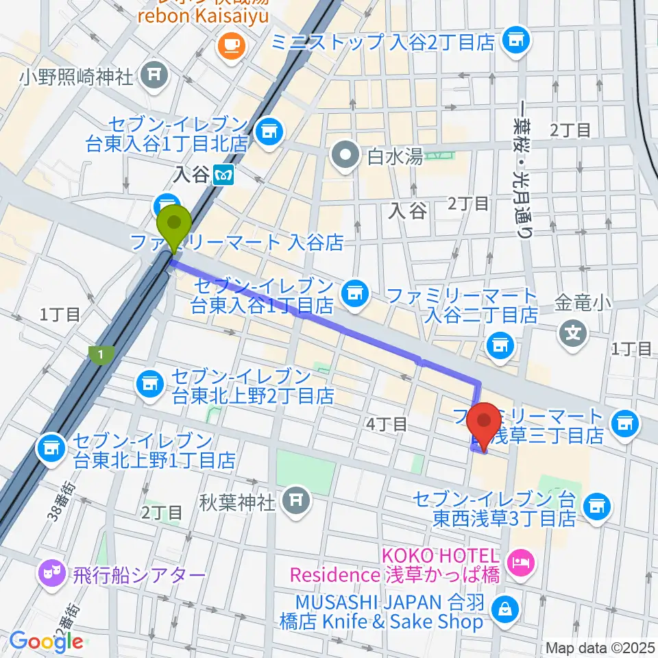 入谷駅から入谷なってるハウスへのルートマップ地図