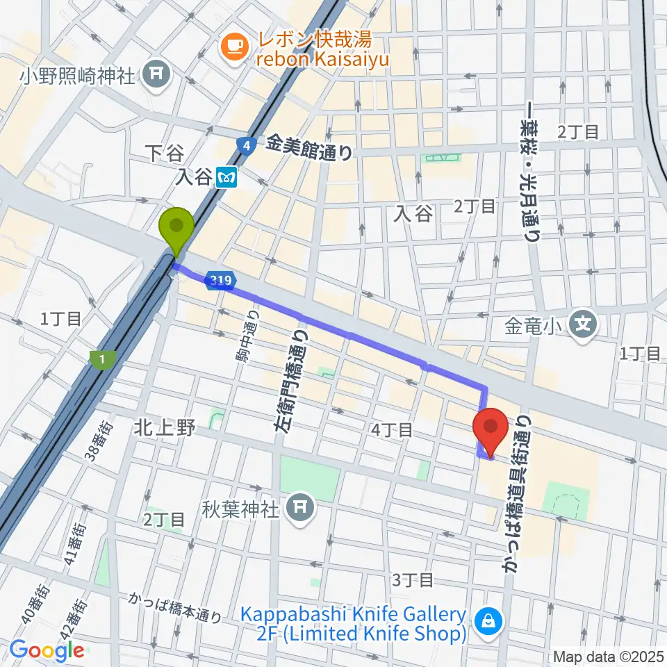 入谷駅から入谷なってるハウスへのルートマップ地図