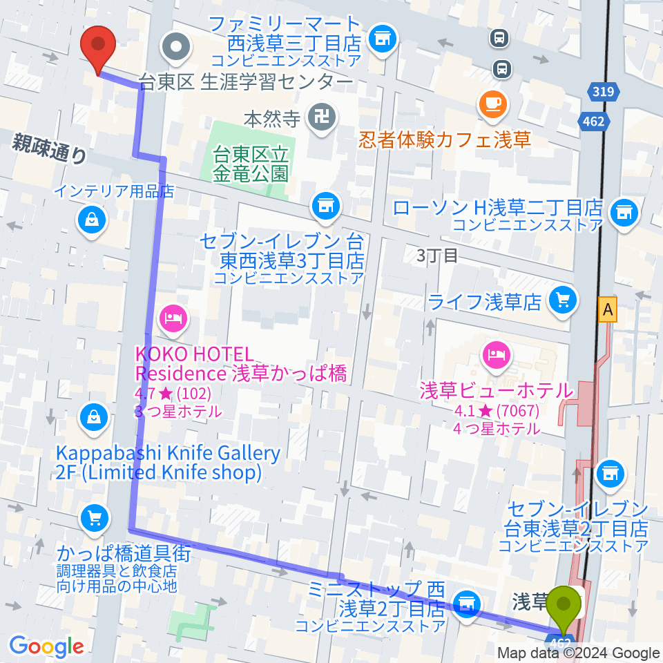 入谷なってるハウスの最寄駅浅草駅からの徒歩ルート（約8分）地図