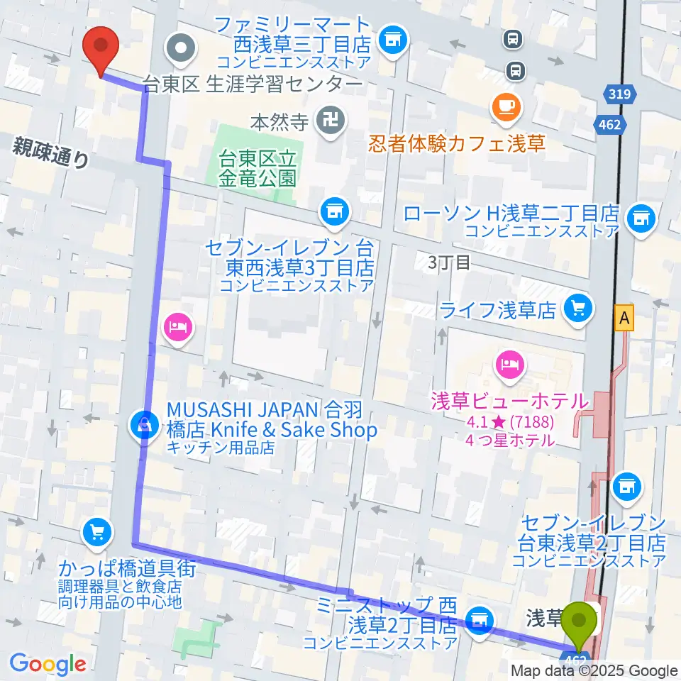 入谷なってるハウスの最寄駅浅草駅からの徒歩ルート（約8分）地図