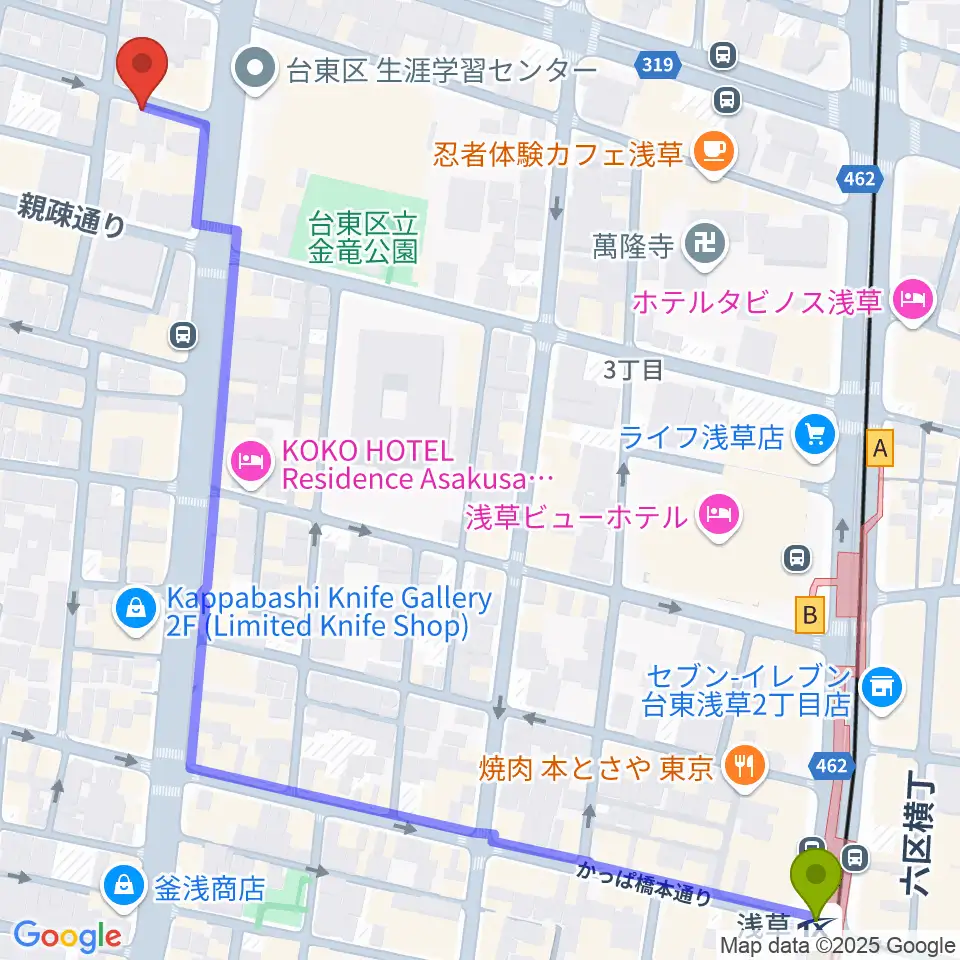 入谷なってるハウスの最寄駅浅草駅からの徒歩ルート（約8分）地図
