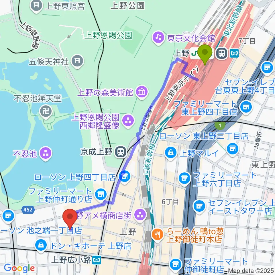 上野駅から上野アリエスへのルートマップ地図