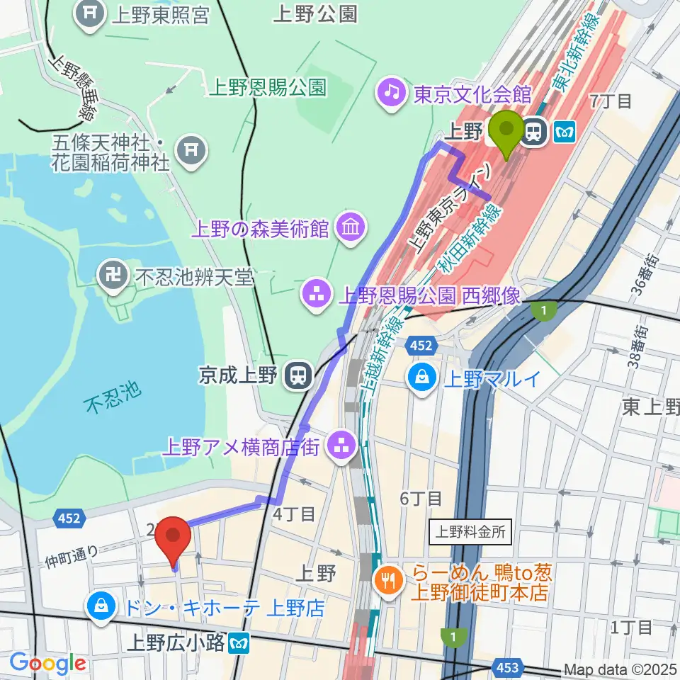 上野駅から上野アリエスへのルートマップ地図
