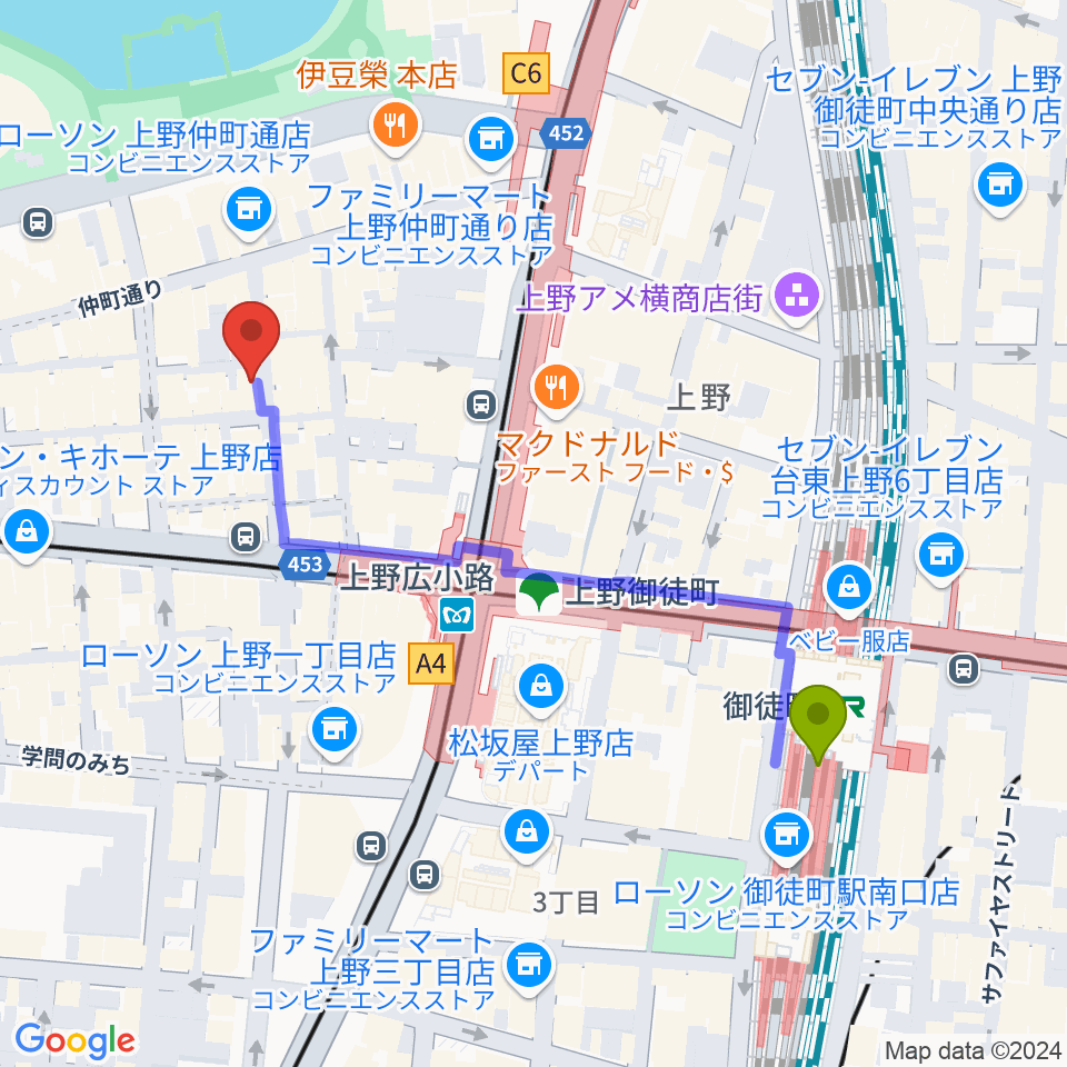 御徒町駅から上野アリエスへのルートマップ地図