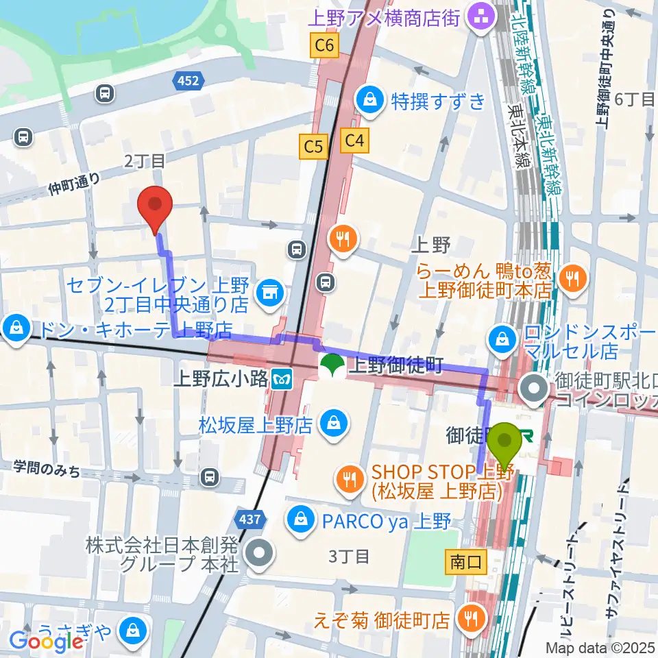御徒町駅から上野アリエスへのルートマップ地図
