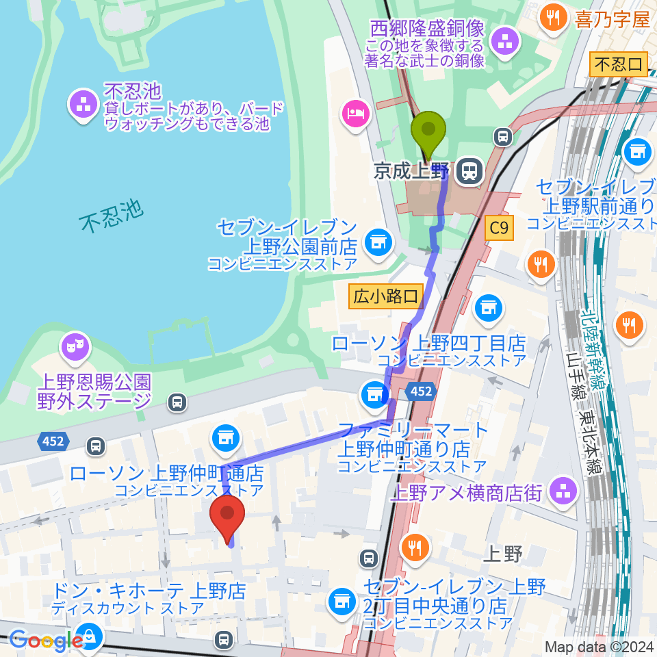 京成上野駅から上野アリエスへのルートマップ地図