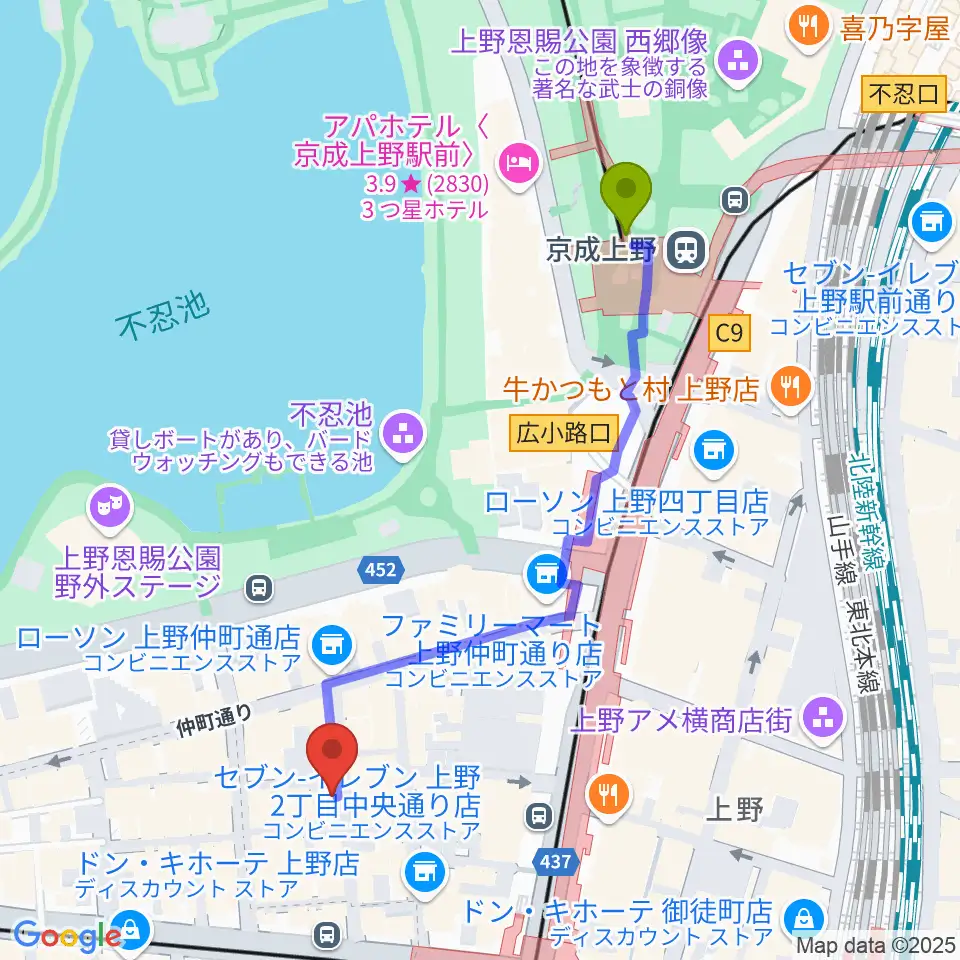 京成上野駅から上野アリエスへのルートマップ地図