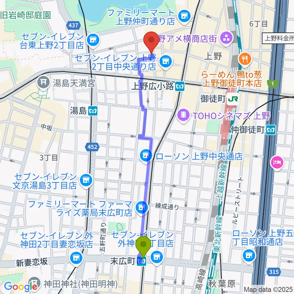 末広町駅から上野アリエスへのルートマップ地図
