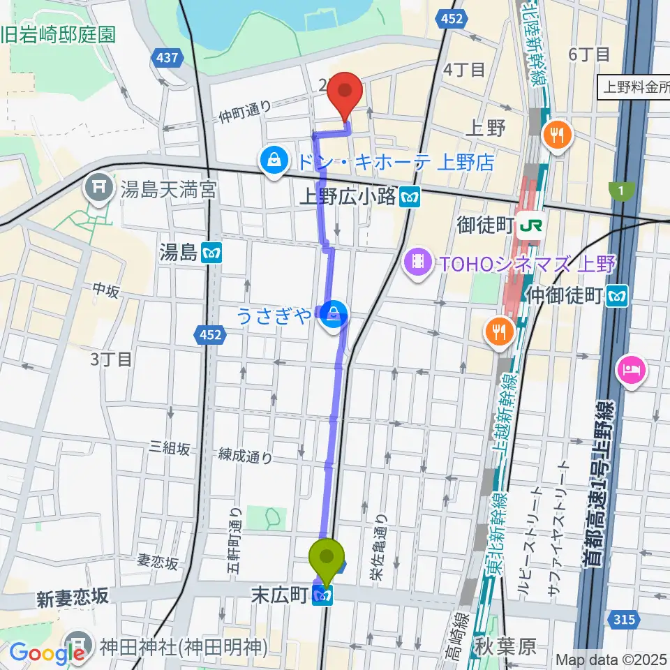 末広町駅から上野アリエスへのルートマップ地図