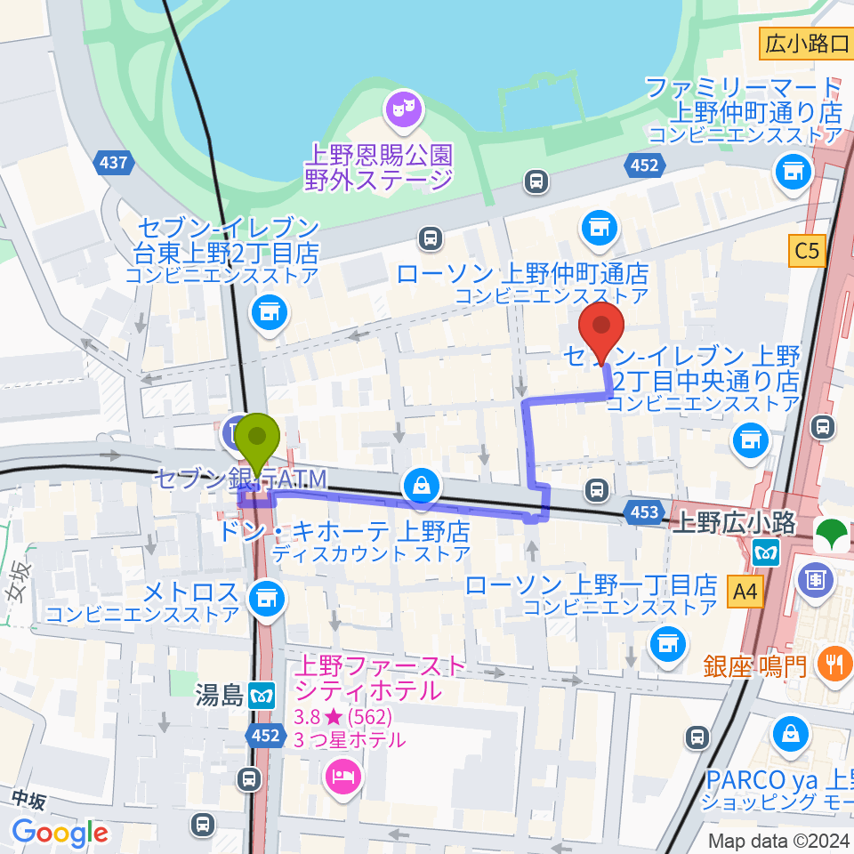 上野アリエスの最寄駅湯島駅からの徒歩ルート（約3分）地図