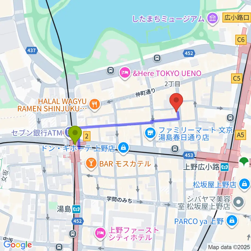 上野アリエスの最寄駅湯島駅からの徒歩ルート（約3分）地図