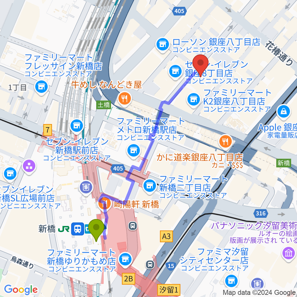 銀座シグナスの最寄駅新橋駅からの徒歩ルート（約5分）地図