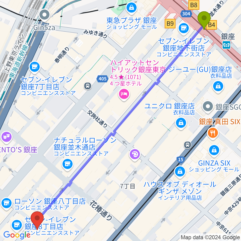 銀座駅から銀座シグナスへのルートマップ地図