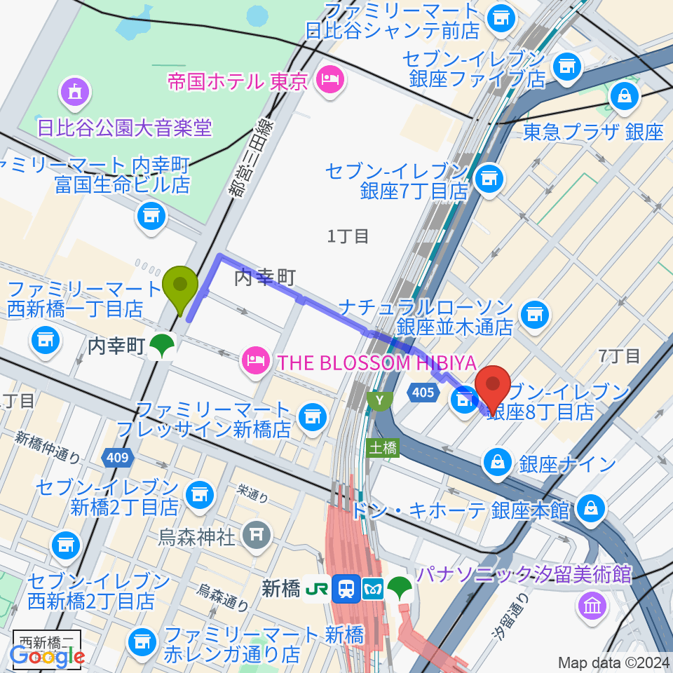 内幸町駅から銀座シグナスへのルートマップ地図