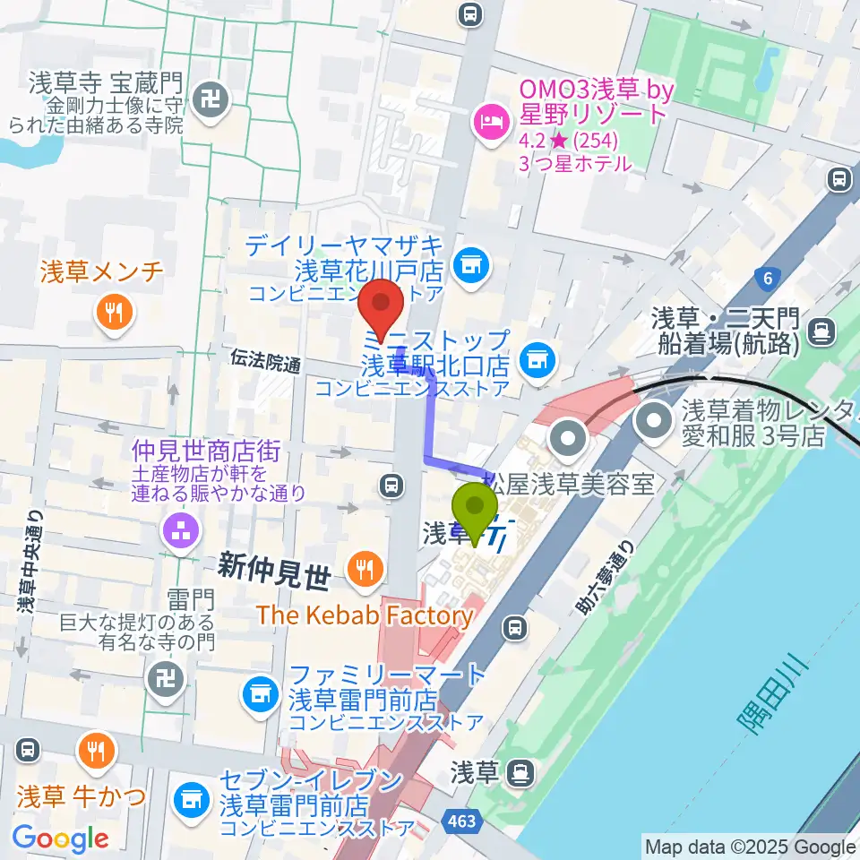 ライブ・バー舵輪の最寄駅浅草駅からの徒歩ルート（約2分）地図