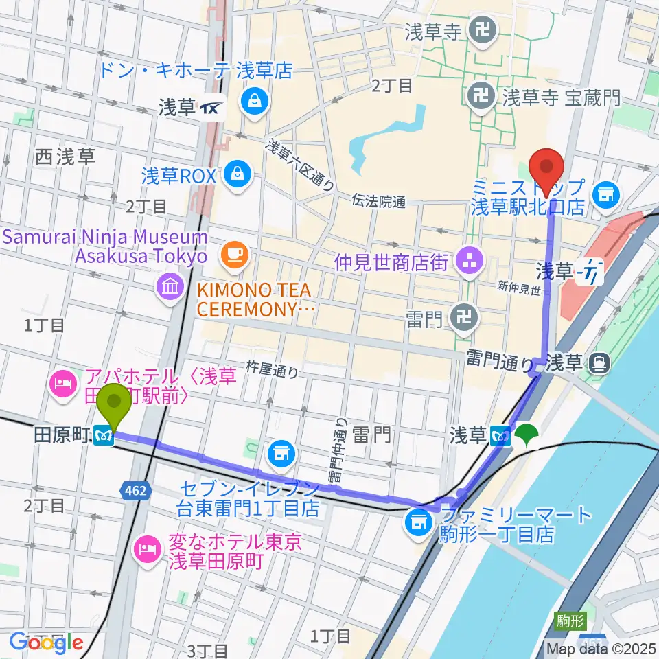 田原町駅からライブ・バー舵輪へのルートマップ地図