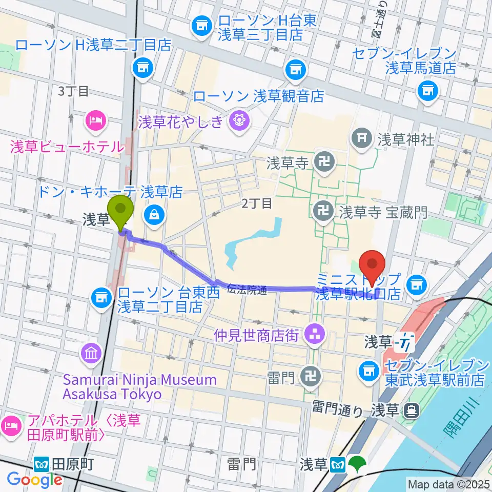 浅草駅からライブ・バー舵輪へのルートマップ地図