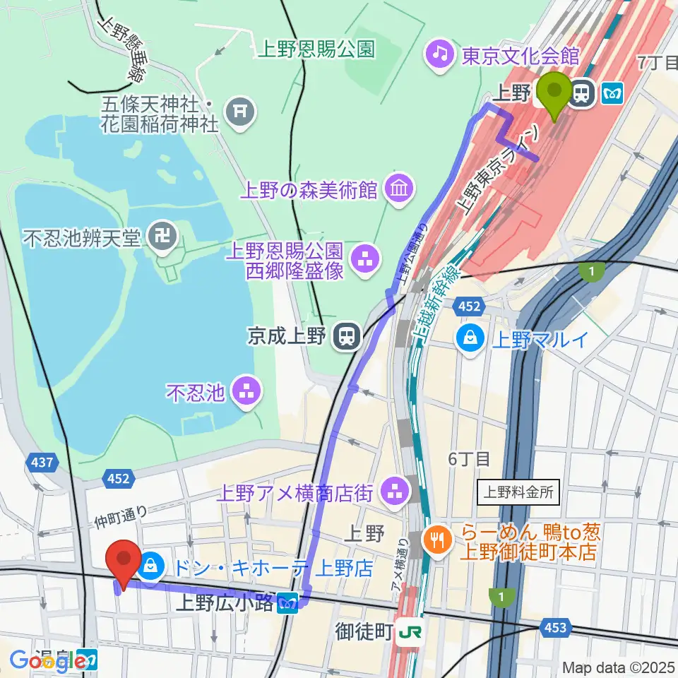 上野駅から湯島カスターへのルートマップ地図