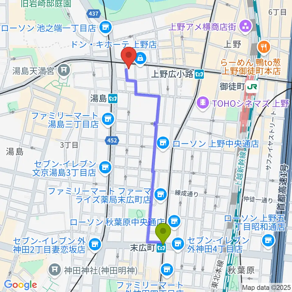 末広町駅から湯島カスターへのルートマップ地図