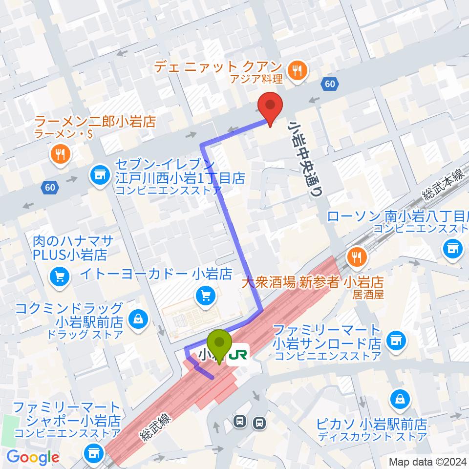 小岩オルフェウスの最寄駅小岩駅からの徒歩ルート（約4分）地図