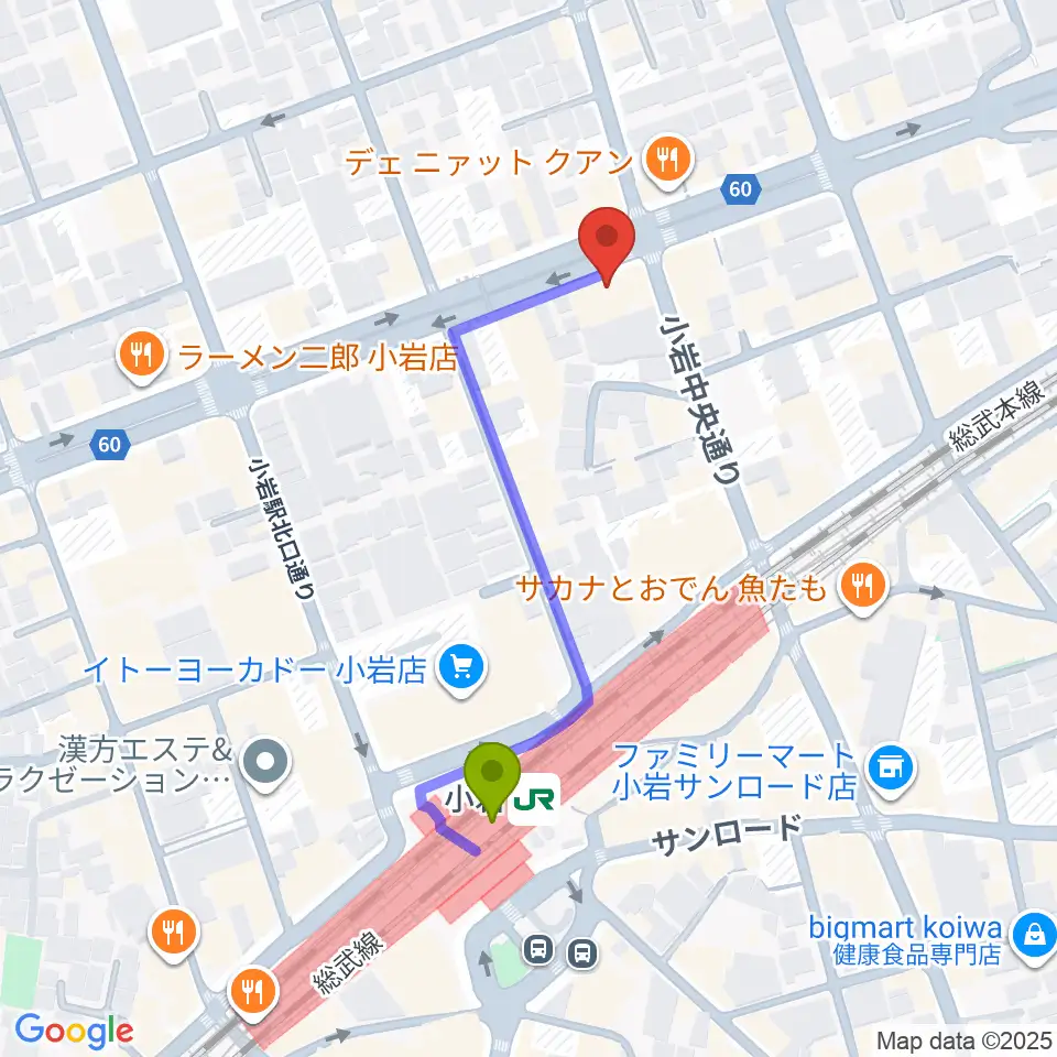 小岩オルフェウスの最寄駅小岩駅からの徒歩ルート（約4分）地図