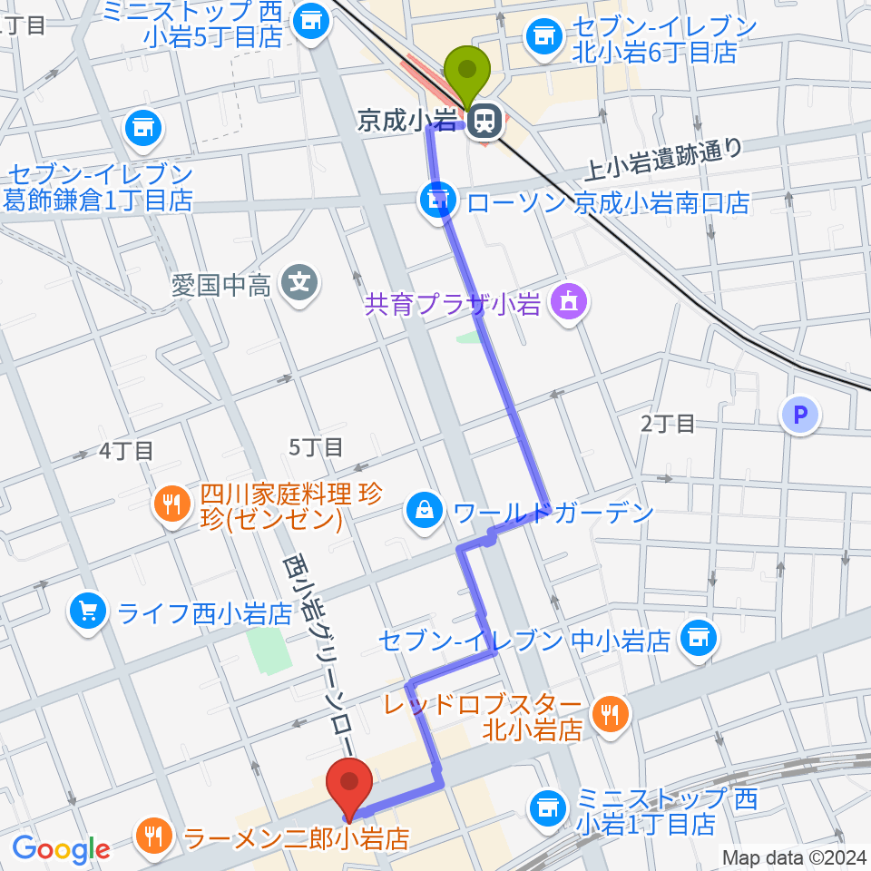 京成小岩駅から小岩オルフェウスへのルートマップ地図