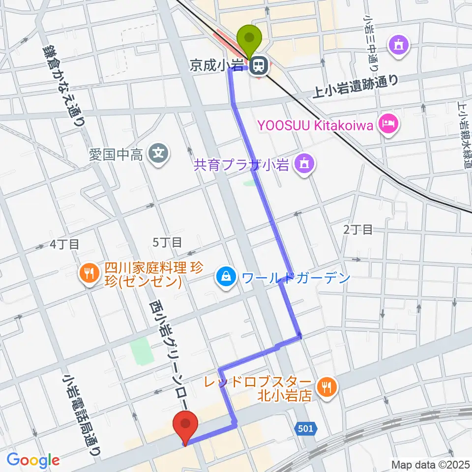 京成小岩駅から小岩オルフェウスへのルートマップ地図
