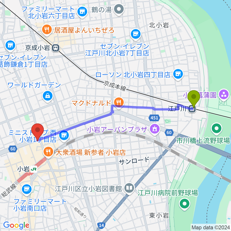 江戸川駅から小岩オルフェウスへのルートマップ地図