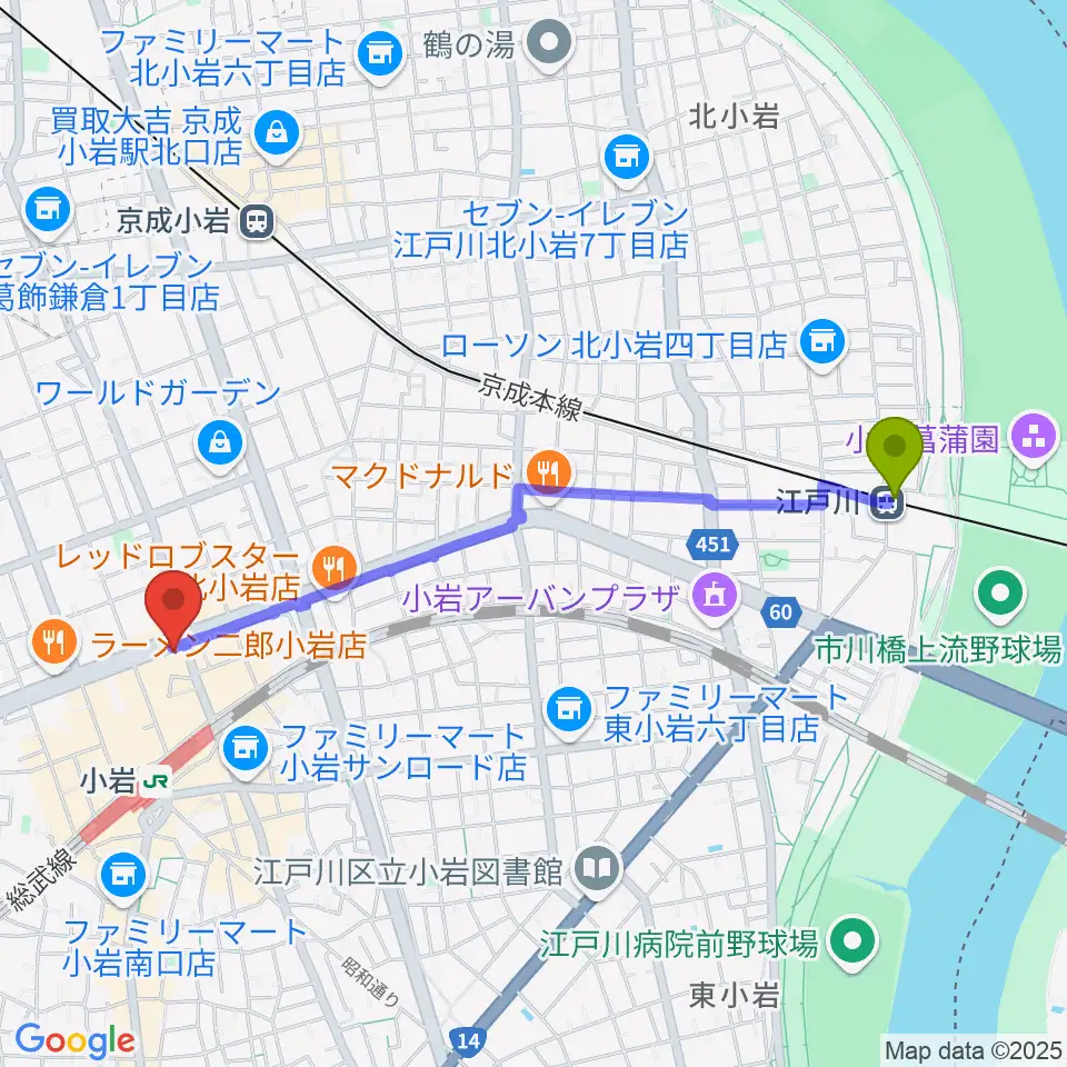 江戸川駅から小岩オルフェウスへのルートマップ地図